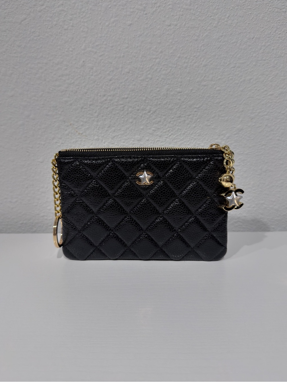 Black Quilted Mini Wallet with Gold Chain and Charm